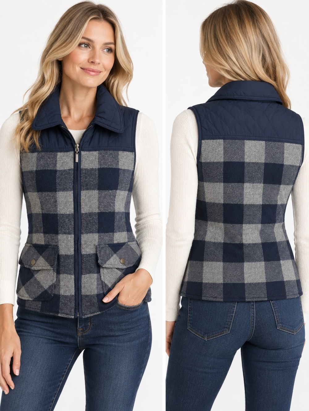 Pendleton Wool Plaid Reversible Quilted Zip Vest Navy Gray Size XS